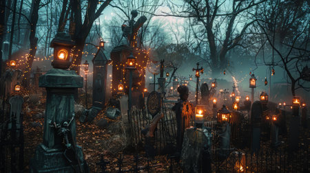 Skeleton yard with haunted ambiance and gravestones for Halloween decor. High quality illustrationの素材