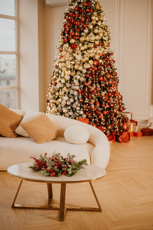 Christmas decorations lights. Modern New Years decor. Christmas trees with garlands and gifts.の写真素材