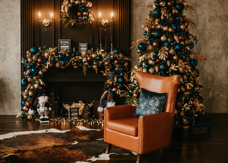 Christmas decorations lights. Modern New Years decor. Christmas trees with garlands and gifts.の写真素材