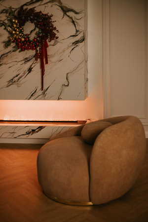 Christmas decorations lights. Modern New Years decor. Christmas trees with garlands and gifts.の写真素材