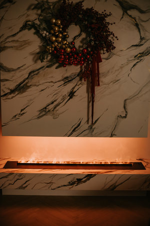 Modern New Years decor. Christmas trees with garlands and gifts.の写真素材
