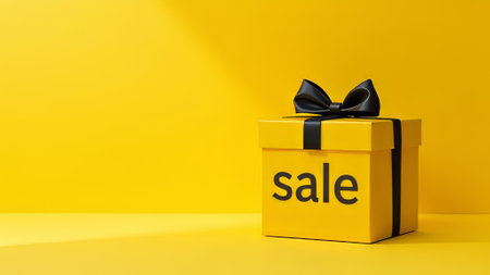 on left side of image are big letters "SALE" near yellow gift box with black bow, yellow backgroundの素材