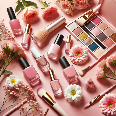 Happy womans day concept. Makeup products, nail polish and flowers on pink background.の素材