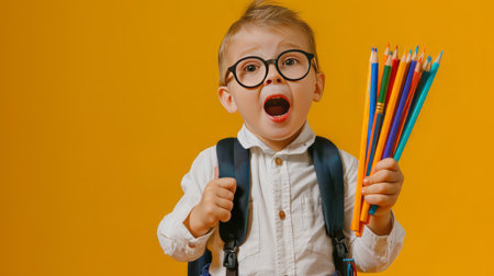 School child in glasses in school uniform holds colored pencils. Banner. emotional surprise faceの素材