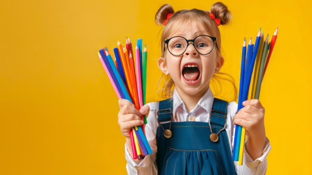 School child in glasses in school uniform holds colored pencils. Banner. emotional surprise faceの素材