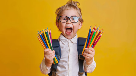 School child in glasses in school uniform holds colored pencils. Banner. emotional surprise faceの素材