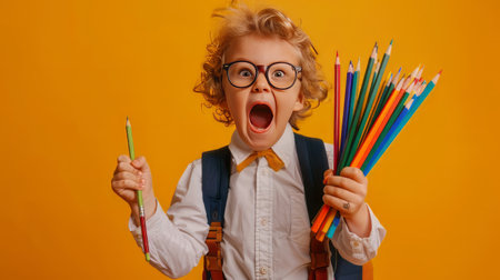 School child in glasses in school uniform holds colored pencils. Banner. emotional surprise faceの素材