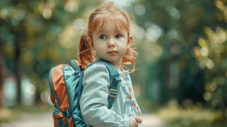 Little Girl Going Back to School . Child wearing a backpack ready for the first day of kindergartenの素材