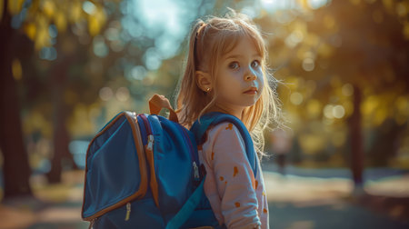 Little Girl Going Back to School . Child wearing a backpack ready for the first day of kindergartenの素材