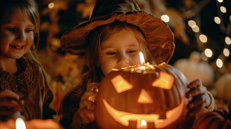 Children celebrating hallowing,candies, candles,jack o lantern,pumpkins,halloween treats and sweetsの素材