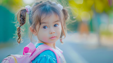 Little Girl Going Back to School . Child wearing a backpack ready for the first day of kindergartenの素材