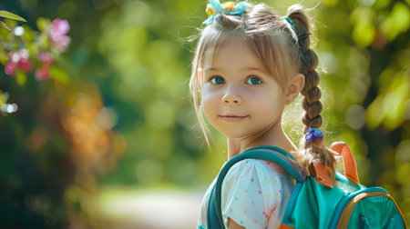 Little Girl Going Back to School . Child wearing a backpack ready for the first day of kindergartenの素材