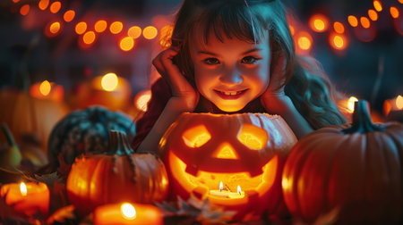 Children celebrating hallowing,candies, candles,jack o lantern,pumpkins,halloween treats and sweetsの素材