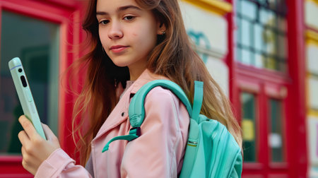 Little Girl Going Back to School . Child wearing a backpack ready for the first day of kindergartenの素材