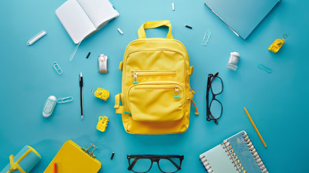 Back to school. Yellow backpack with books and school stuff on blue backgroundの素材