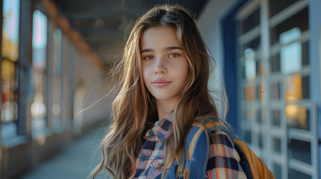 Little Girl Going Back to School . Child wearing a backpack ready for the first day of kindergartenの素材
