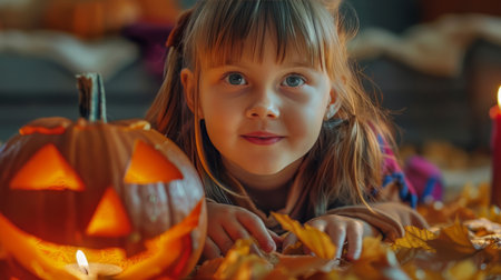 Children celebrating hallowing,candies, candles,jack o lantern,pumpkins,halloween treats and sweetsの素材