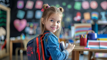 Little Girl Going Back to School . Child wearing a backpack ready for the first day of kindergartenの素材