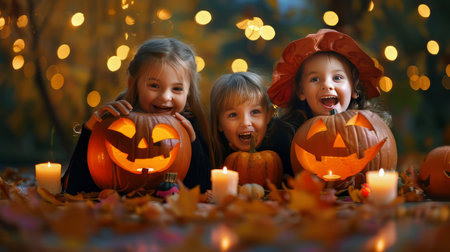 Children celebrating hallowing,candies, candles,jack o lantern,pumpkins,halloween treats and sweetsの素材