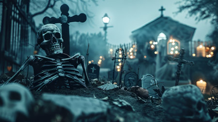 Skeleton yard with haunted ambiance and gravestones for Halloween decorの素材