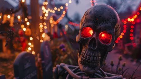 Skeleton yard with haunted ambiance and gravestones for Halloween decorの素材