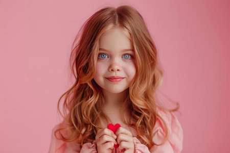 Close-up portrait of her she nice-looking attractive lovely coquettish cheerful cheery wavy-haired girl holding in hands two small little heart sending you kiss isolated over pink pastel background,の素材