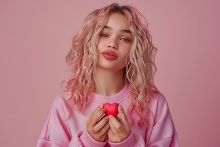 Close-up portrait of her she nice-looking attractive lovely coquettish cheerful cheery wavy-haired girl holding in hands two small little heart sending you kiss isolated over pink pastel background,の素材