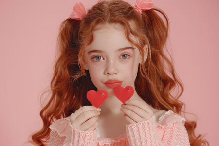 Close-up portrait of her she nice-looking attractive lovely coquettish cheerful cheery wavy-haired girl holding in hands two small little heart sending you kiss isolated over pink pastel background,の素材