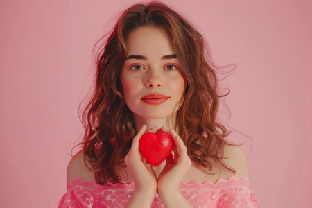 Close-up portrait of her she nice-looking attractive lovely coquettish cheerful cheery wavy-haired girl holding in hands two small little heart sending you kiss isolated over pink pastel background,の素材