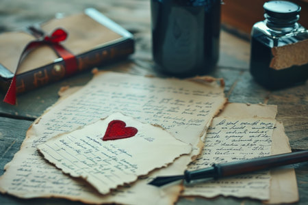 Vintage-style love letters scattered on a wooden table with a quill and ink bottle. High quality illustrationの素材