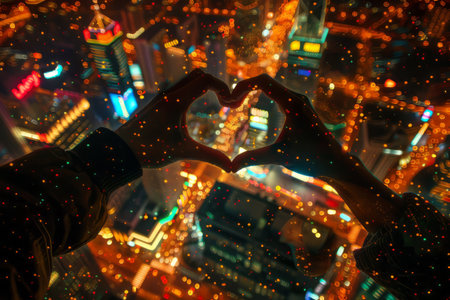 Two hands forming a heart shape against a backdrop of twinkling city lights. High quality illustrationの素材