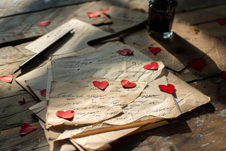 Vintage-style love letters scattered on a wooden table with a quill and ink bottle. High quality illustrationの素材