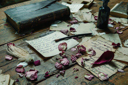 Vintage-style love letters scattered on a wooden table with a quill and ink bottleの素材