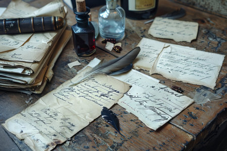 Vintage-style love letters scattered on a wooden table with a quill and ink bottleの素材