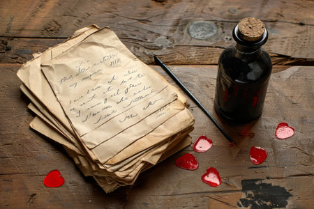Vintage-style love letters scattered on a wooden table with a quill and ink bottleの素材