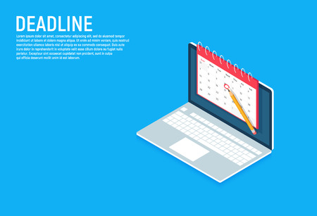 Dates and Deadlines Isometric banner. Laptop computer with calendar. Vector illustration on backgroundのイラスト素材