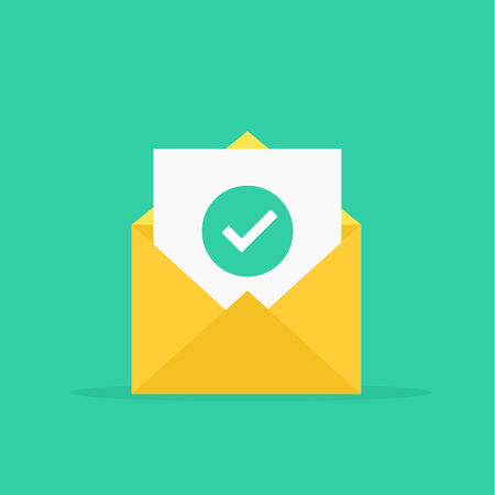 Envelope and document and round green check mark icon. Vector illustrationのイラスト素材
