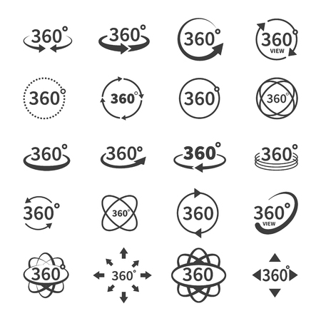 360 degree views of vector circle icons isolated from the background. Signs with arrows to indicate the rotation or panoramas to 360 degrees. Vector illustration isolated on white backgroundのイラスト素材