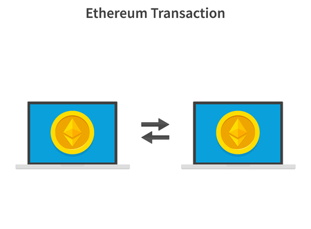 Ethereum transaction. Concept of cryptocurrency technology, ethereum exchange, mobile banking. Hand holding smartphone, pay and send ethereums. Vector illustrationのイラスト素材