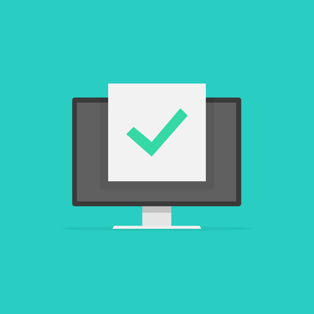 Computer with checkmark, monitor approved tick notification, idea of successful update check mark, accepted checkmark. Vector illustrationのイラスト素材