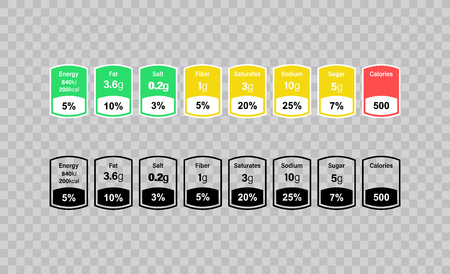 Nutrition Facts information label for box. Daily value ingredient calories, cholesterol and fats in grams and percent. Flat design, vector illustration on background.のイラスト素材