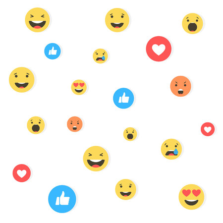 Like and Heart and emoji icons. Live stream video, chat, likes, emoji. Empathetic Emoji Reactions. Social nets blue thumb up like and red heart web buttons. Vector illustarationのイラスト素材