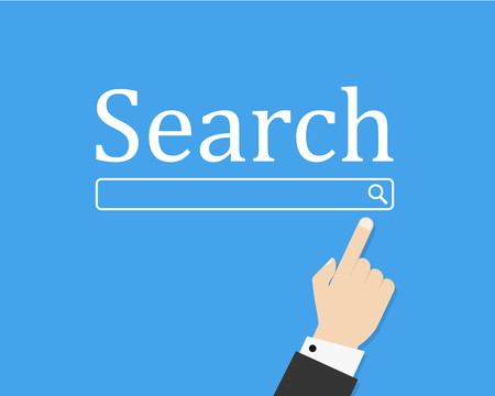 Searching concept. Modern technologies. Vector illustration flat design. Isolated on white background. Search on internet. Mobile app. Businessman uses the application search bar. Human handのイラスト素材