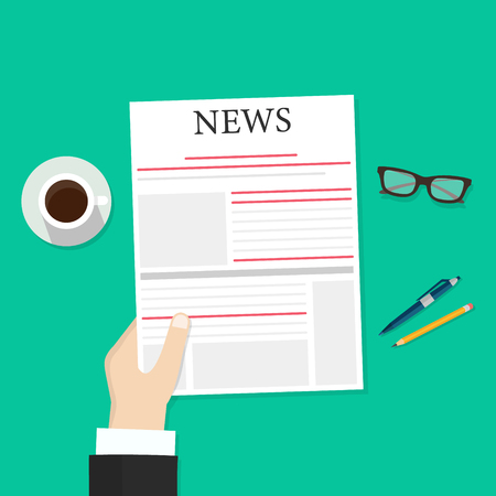 Newspaper in hands illustration, flat cartoon person reading news in newspaper while coffee break top view, daily press announcement clipart image vector illustrationのイラスト素材
