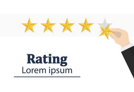 Star rating. Human hand. Businessman holding a gold star in hand, to give five. Feedback concept. Evaluation system. Positive review. Vector illustration flat design. Isolated on white background. Good workのイラスト素材