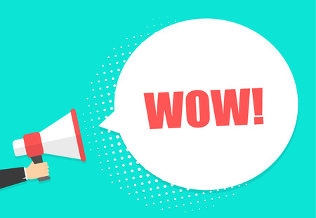 Male hand holding megaphone with wow speech bubble. Loudspeaker. Banner for business, marketing and advertising. Vector illustrationのイラスト素材
