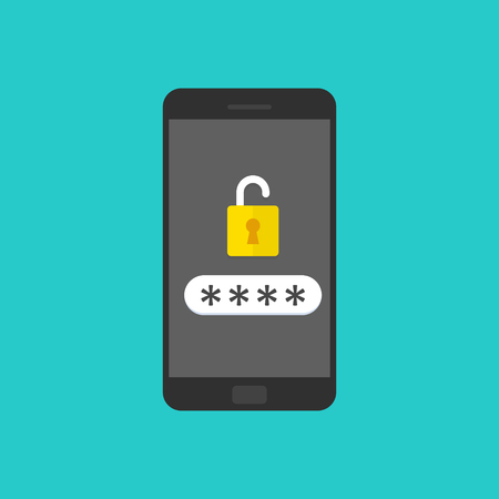 Smartphone with unlocked password bubble notification, phone screen with open lock and password fieldのイラスト素材