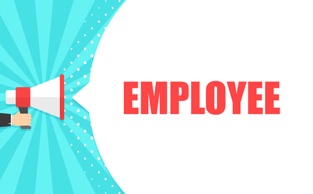 Male hand holding megaphone with employee speech bubble. Loudspeaker. Banner for business, marketing and advertising. Vector illustrationのイラスト素材