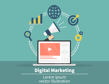 Digital marketing concept. Social network and media communication. SEO, SEM and promotion and business strategyのイラスト素材