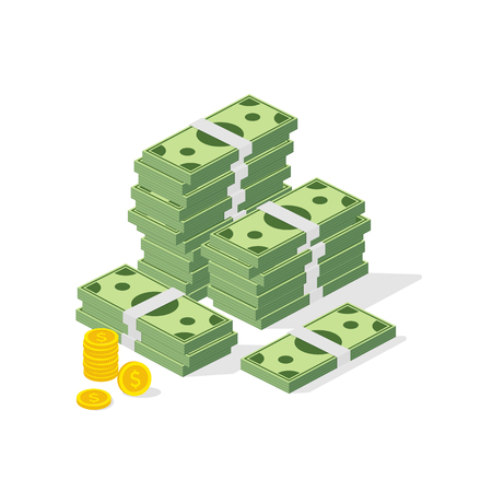 Big pile of cash. Concept of big money. Hundreds of dollars and coins. Vector isometric illustrationのイラスト素材